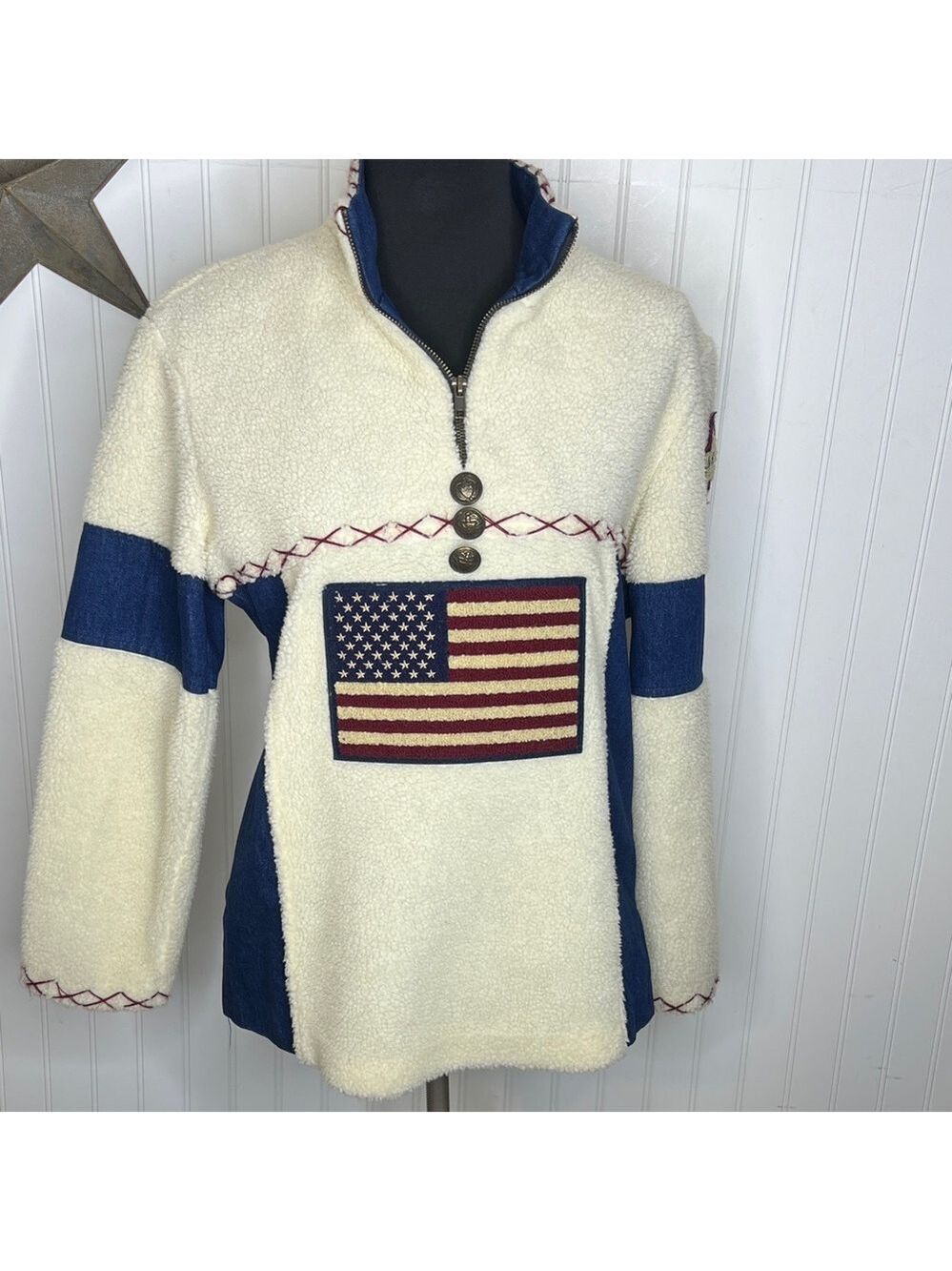 Cozy Cream and Blue Fleece Sweatshirt with Flag Patch Size Medoum